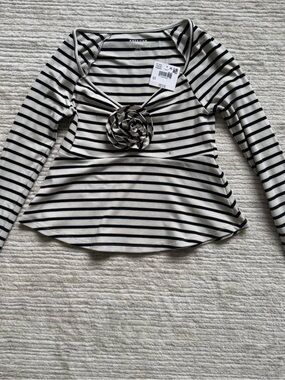 American eagle Black & White Striped Long-Sleeve Peplum Top with Rosette